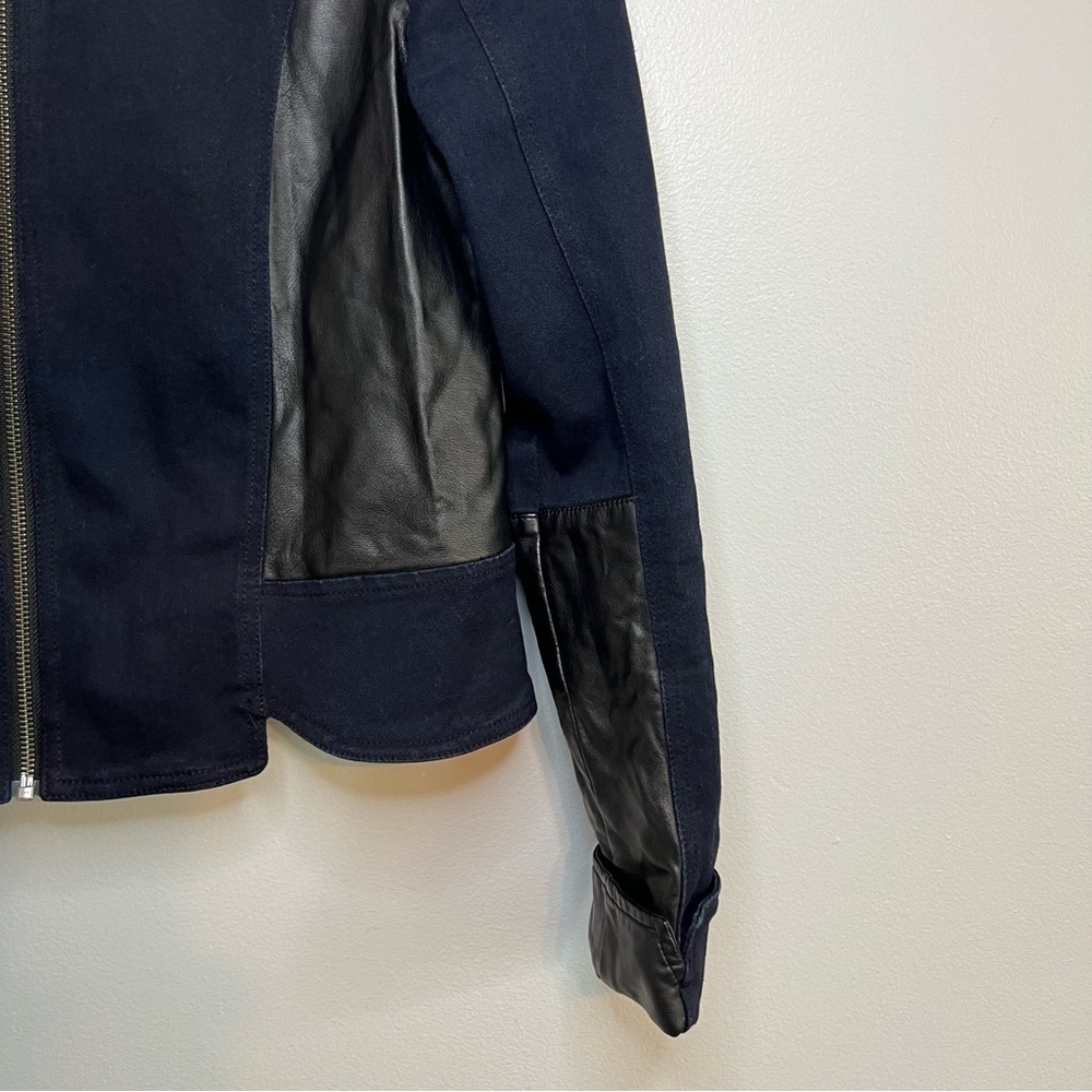 Kiind of Thalia faux leather two toned jacket Sz L Navy Black Cotton Chic City - Picture 8 of 14